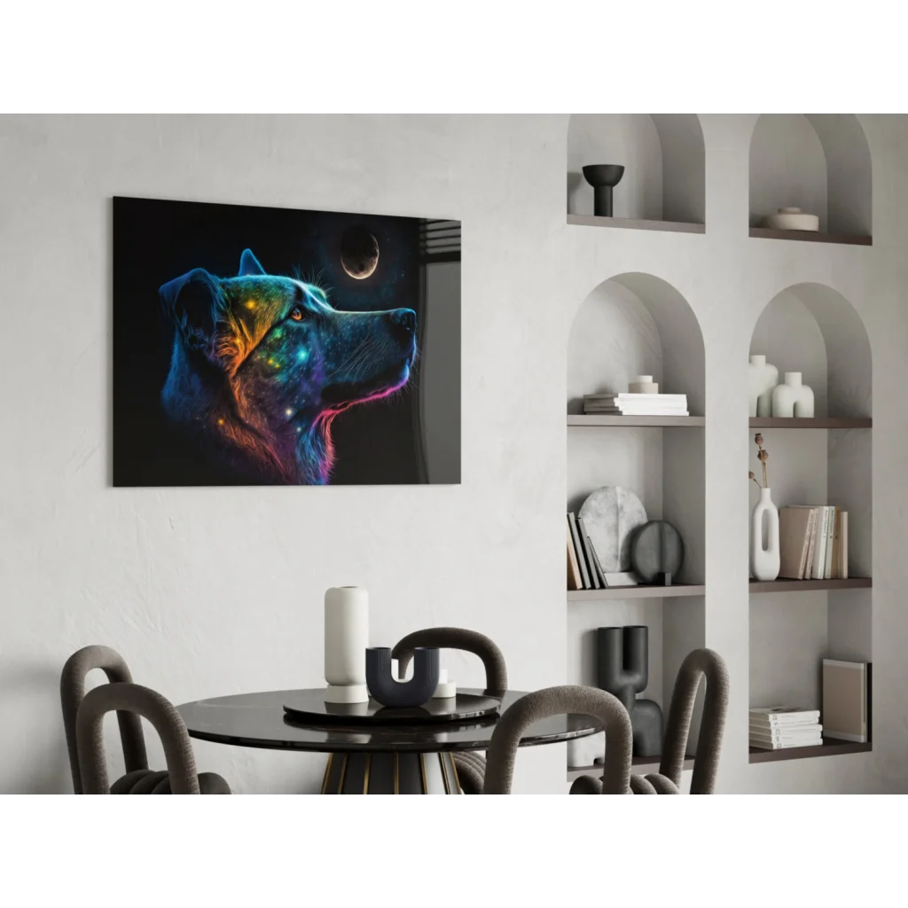 Cosmic wolf glass wall art with glowing galaxy colors and neon hues