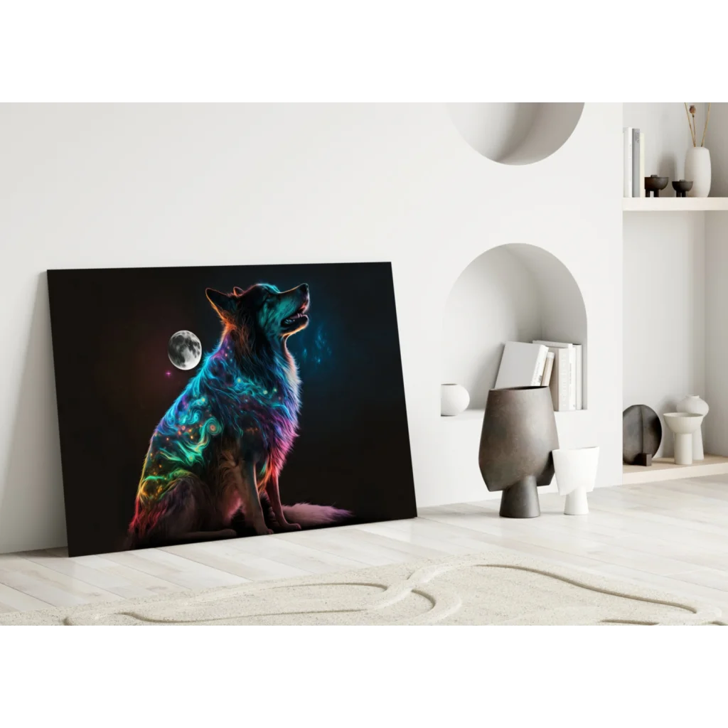 Neon Wolf Cosmic Moon Canvas Wall Art | Modern Wall Art Decor | vintageantiquesgifts.com