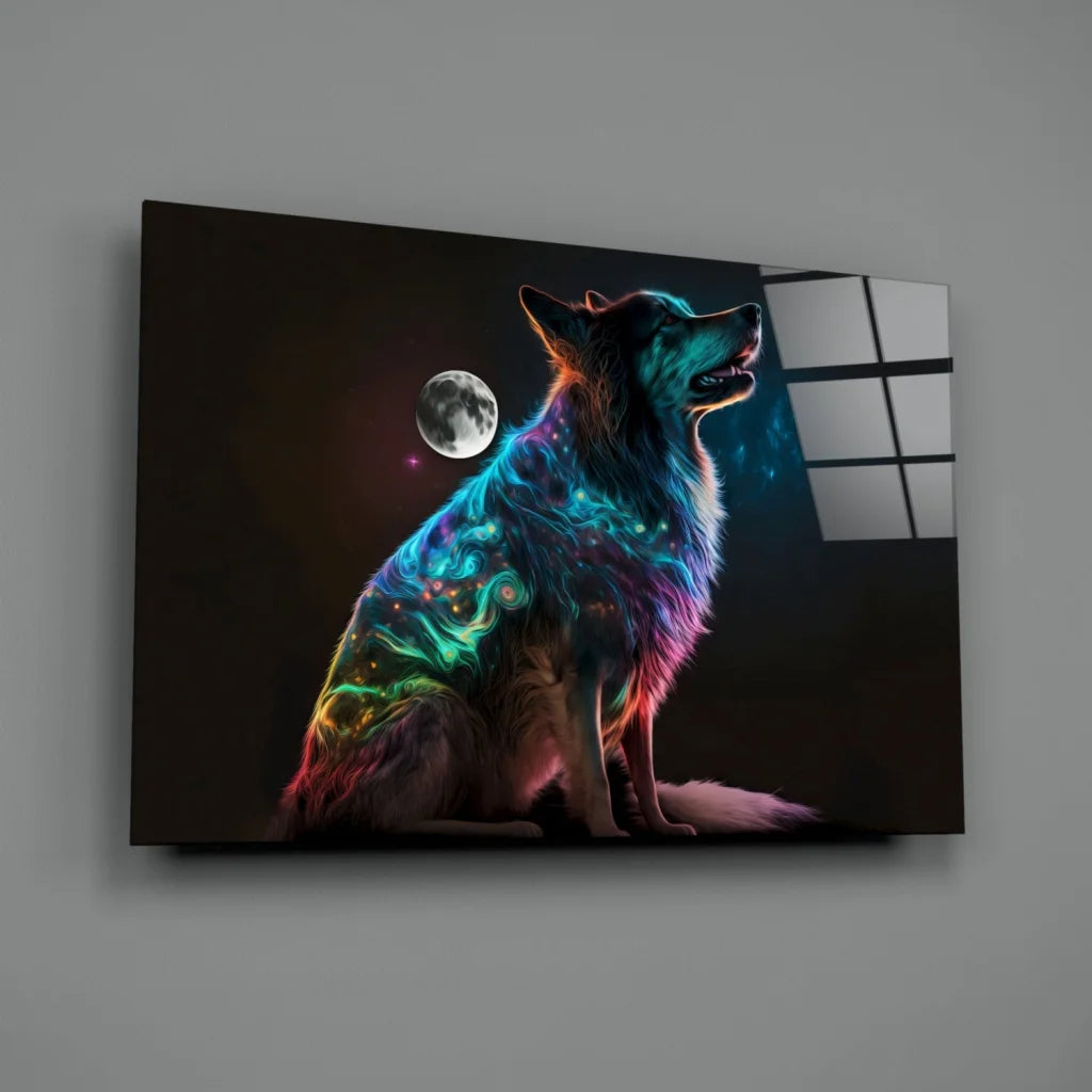 Neon Wolf Cosmic Moon Canvas Wall Art | Glass Wall Art Print | vintageantiquesgifts.com
