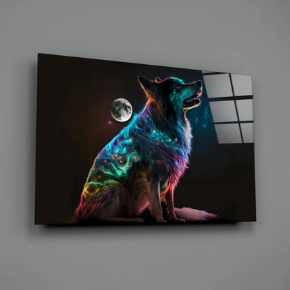 Neon Wolf Cosmic Moon Canvas Wall Art | Glass Wall Art Print | vintageantiquesgifts.com