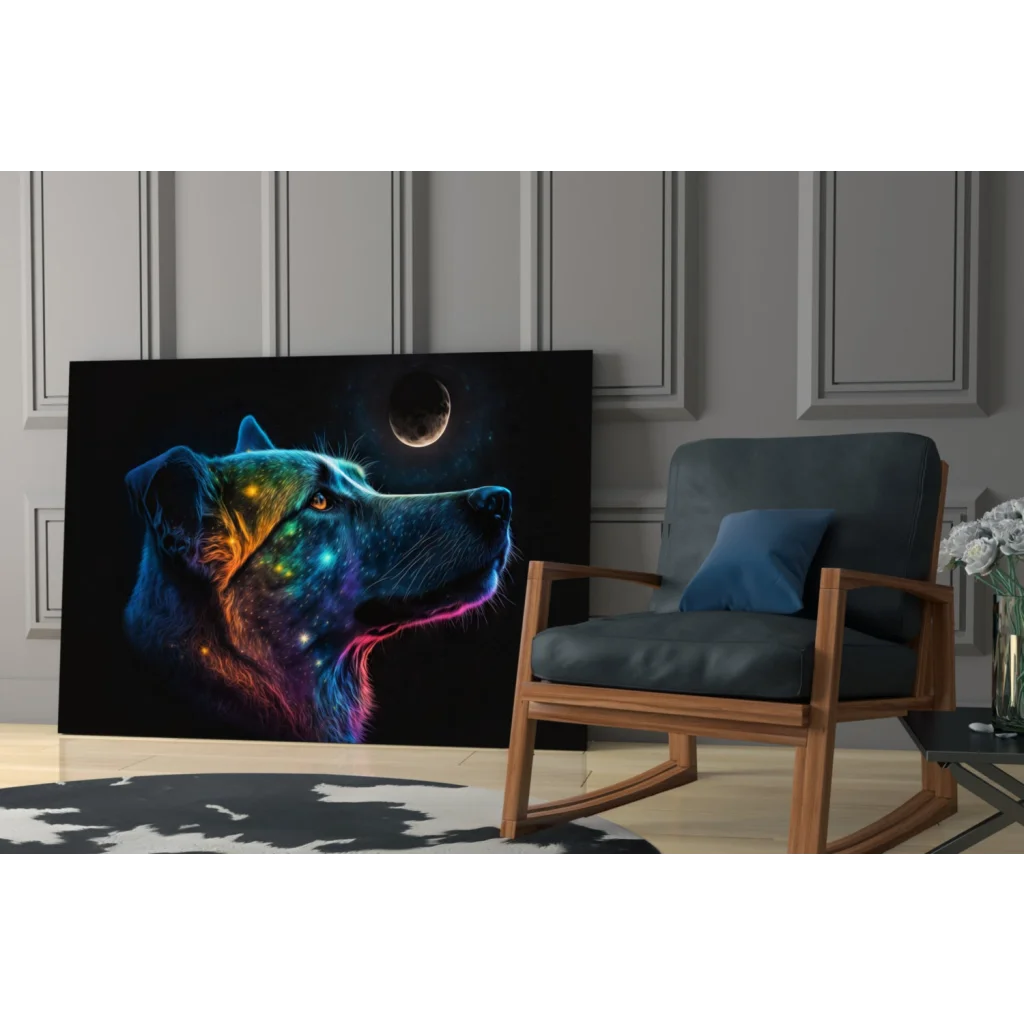 Vibrant cosmic wolf glass wall art with glowing galaxy colors and neon hues