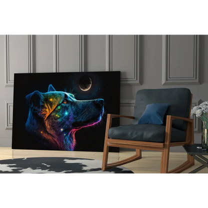 Vibrant cosmic wolf glass wall art with glowing galaxy colors and neon hues