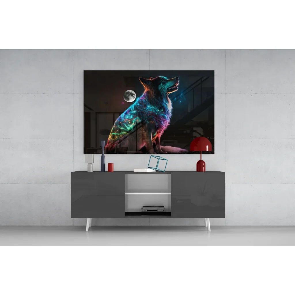 Vibrant neon wolf under cosmic moon on sleek black canvas wall art