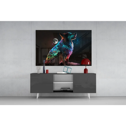 Vibrant neon wolf under cosmic moon on sleek black canvas wall art