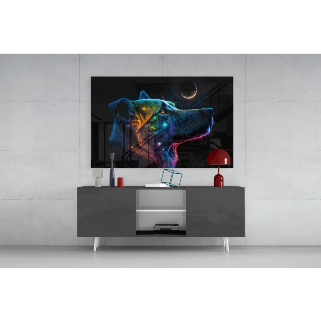 Cosmic wolf glass wall art with glowing galaxy colors