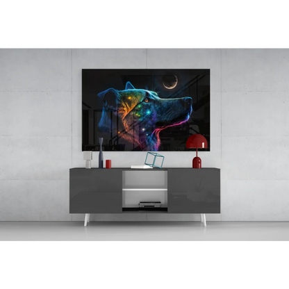 Cosmic wolf glass wall art with glowing galaxy colors