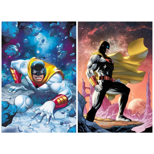 Space Ghost Galactic Hero Action Figure with two comic book characters in white and black suits