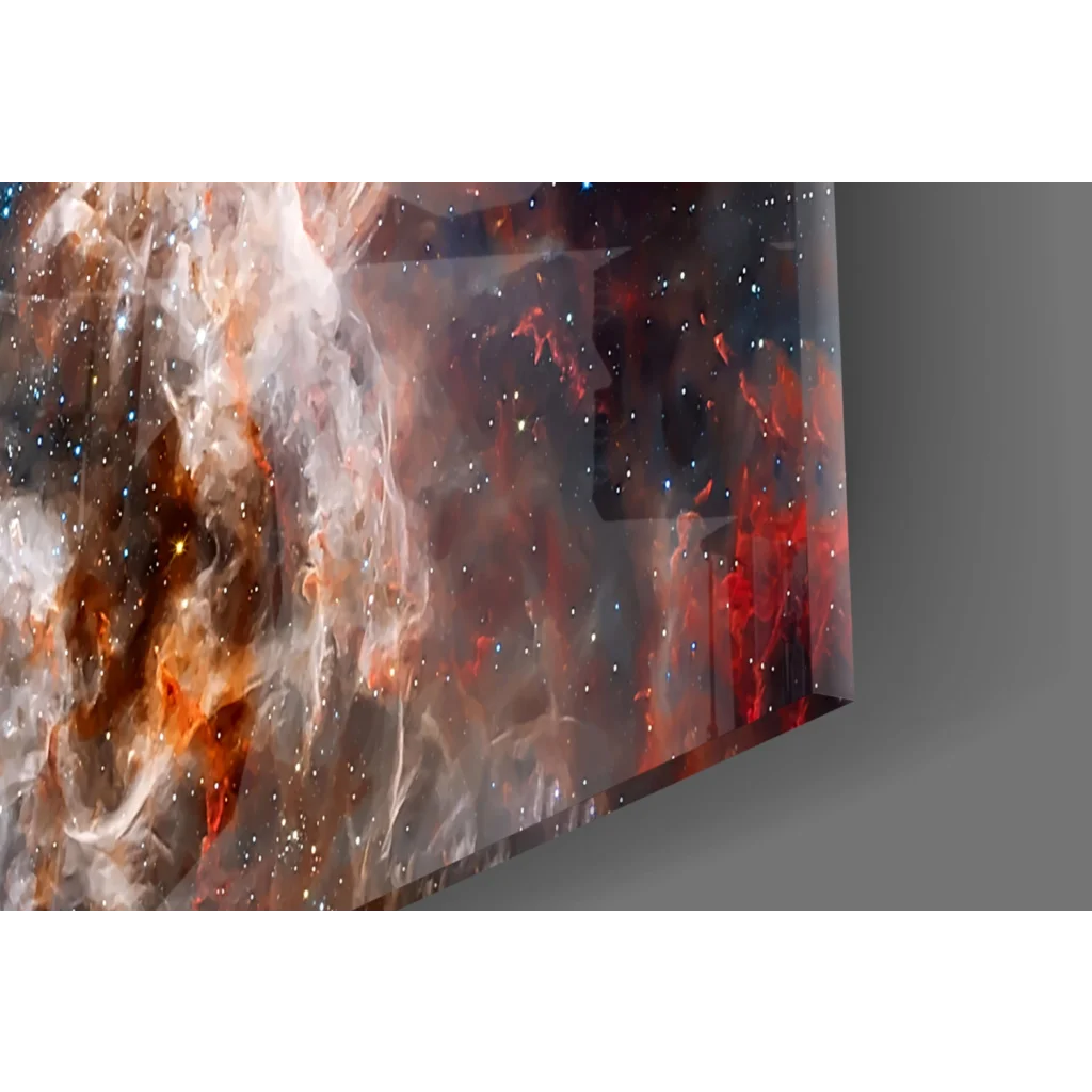 Vibrant cosmic nebula on sleek transparent glass wall art panel
