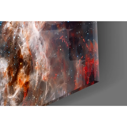 Vibrant cosmic nebula on sleek transparent glass wall art panel