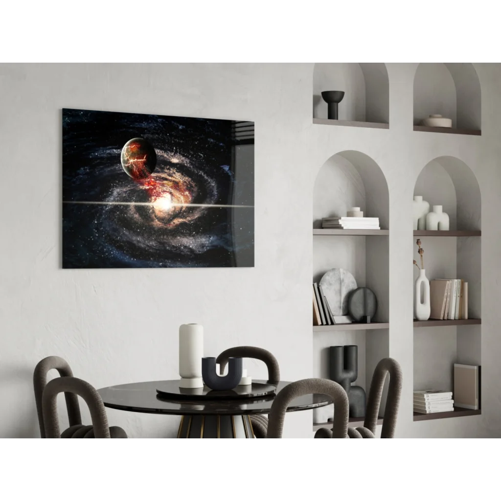 Sleek black-framed cosmic galaxy wall art with swirling nebula print