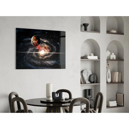 Sleek black-framed cosmic galaxy wall art with swirling nebula print
