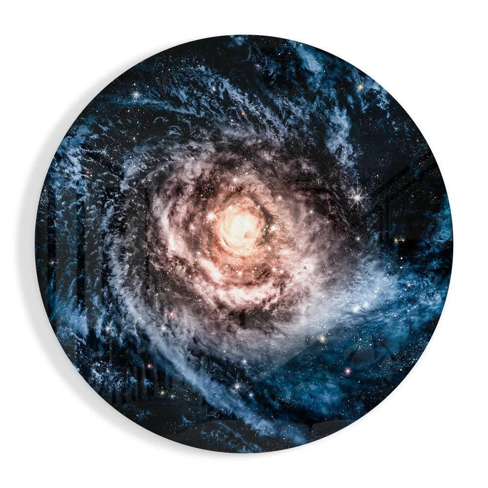 Spiral galaxy tempered glass art with glowing golden core in blues and purples