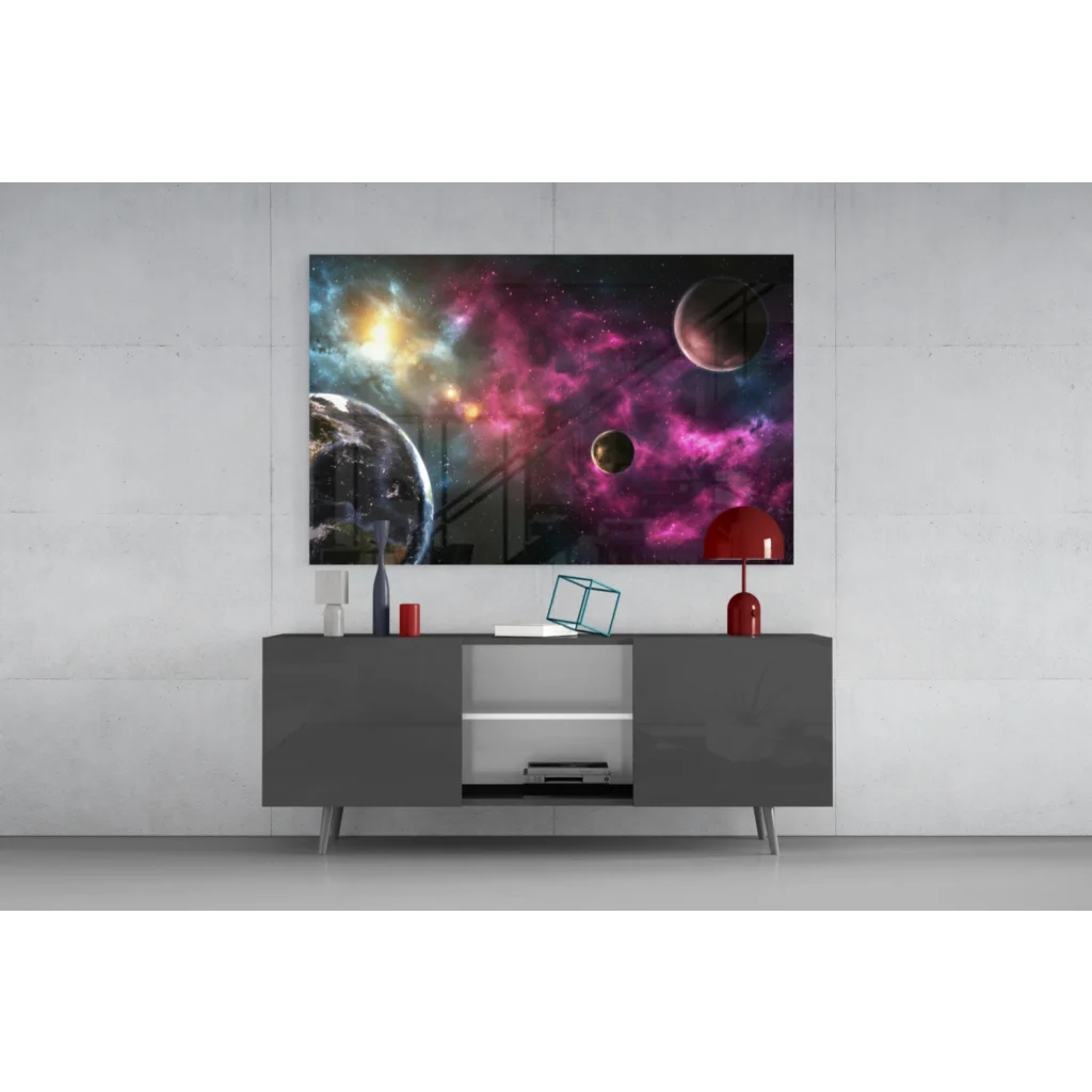 Vibrant glass wall art of cosmic galaxy with magenta gold nebulae and planets