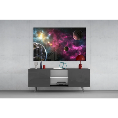 Vibrant glass wall art of cosmic galaxy with magenta gold nebulae and planets