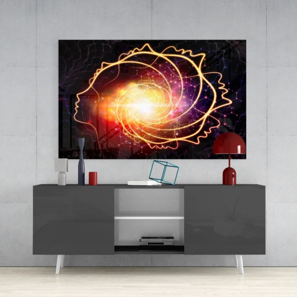 Vibrant cosmic spiral galaxy in golden human silhouette on glass wall art