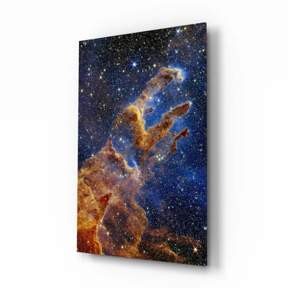 Vibrant Pillars of Creation glass wall art in orange blue hues