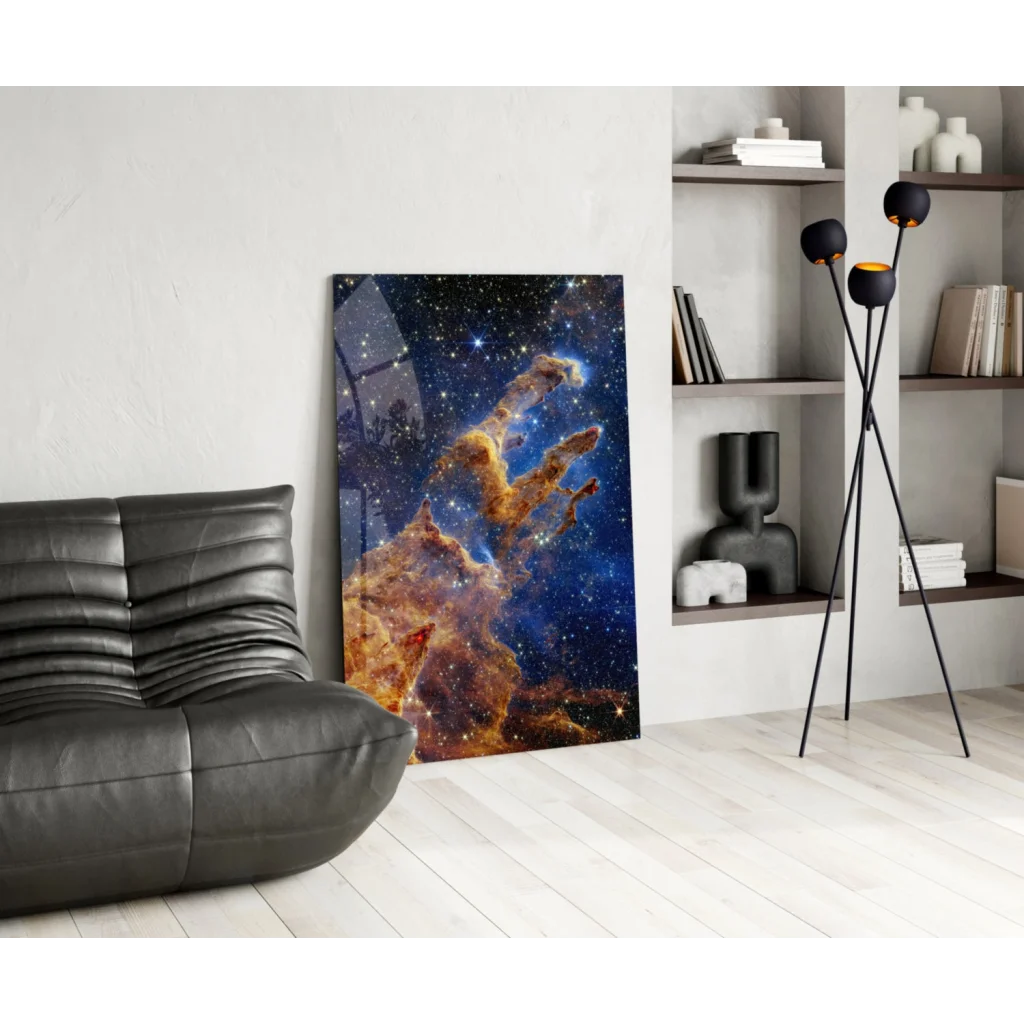 Vibrant cosmic nebula glass wall art with swirling orange and blue hues on tall canvas