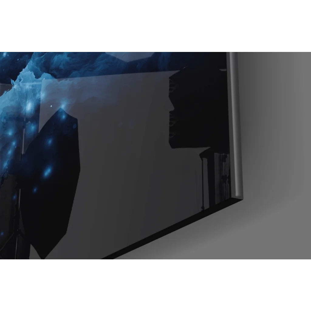 Sleek black-framed glass wall art of cosmic blue nebula with glowing stars