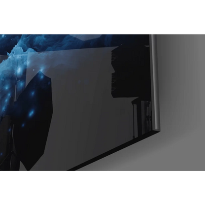 Sleek black-framed glass wall art of cosmic blue nebula with glowing stars