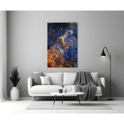 Vibrant cosmic nebula glass wall art with swirling orange and blue hues on wall