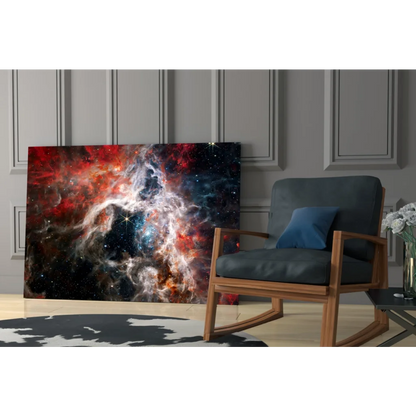 Vibrant cosmic nebula glass wall art print in reds, oranges, blues