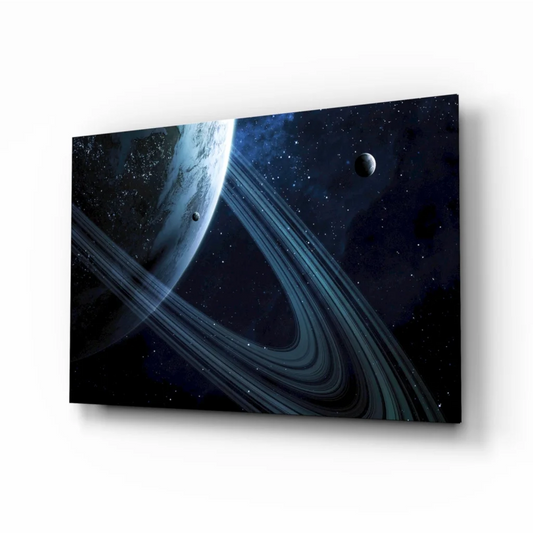 Vivid Saturn rings glass wall art canvas print on starry cosmic backdrop