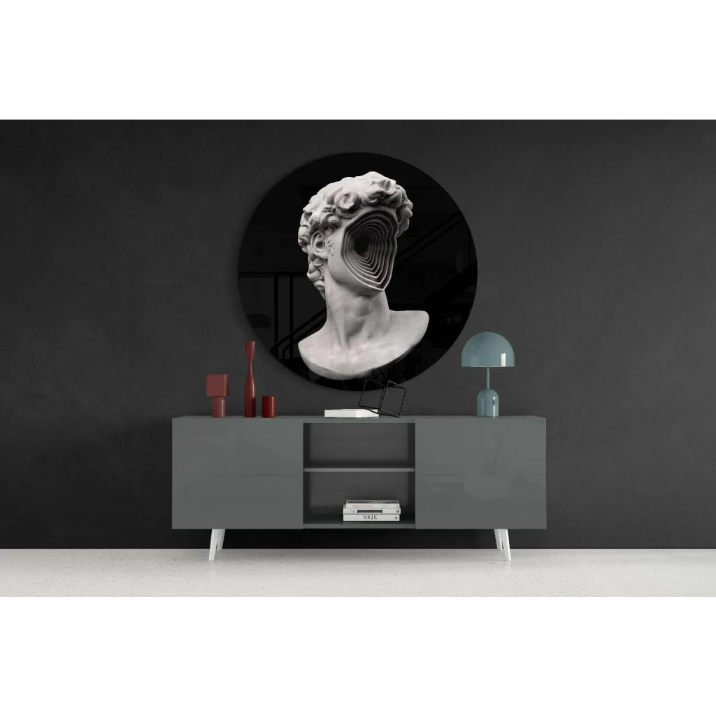 Surreal David bust in tempered glass art with spiraling void mouth