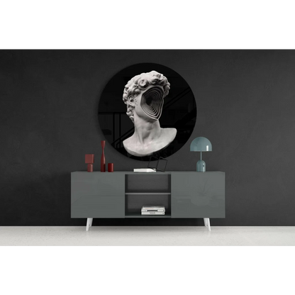 Surreal David bust in tempered glass art with spiraling void mouth