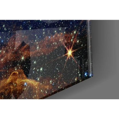 Vibrant cosmic glass wall art with orange red nebulae and blue hues