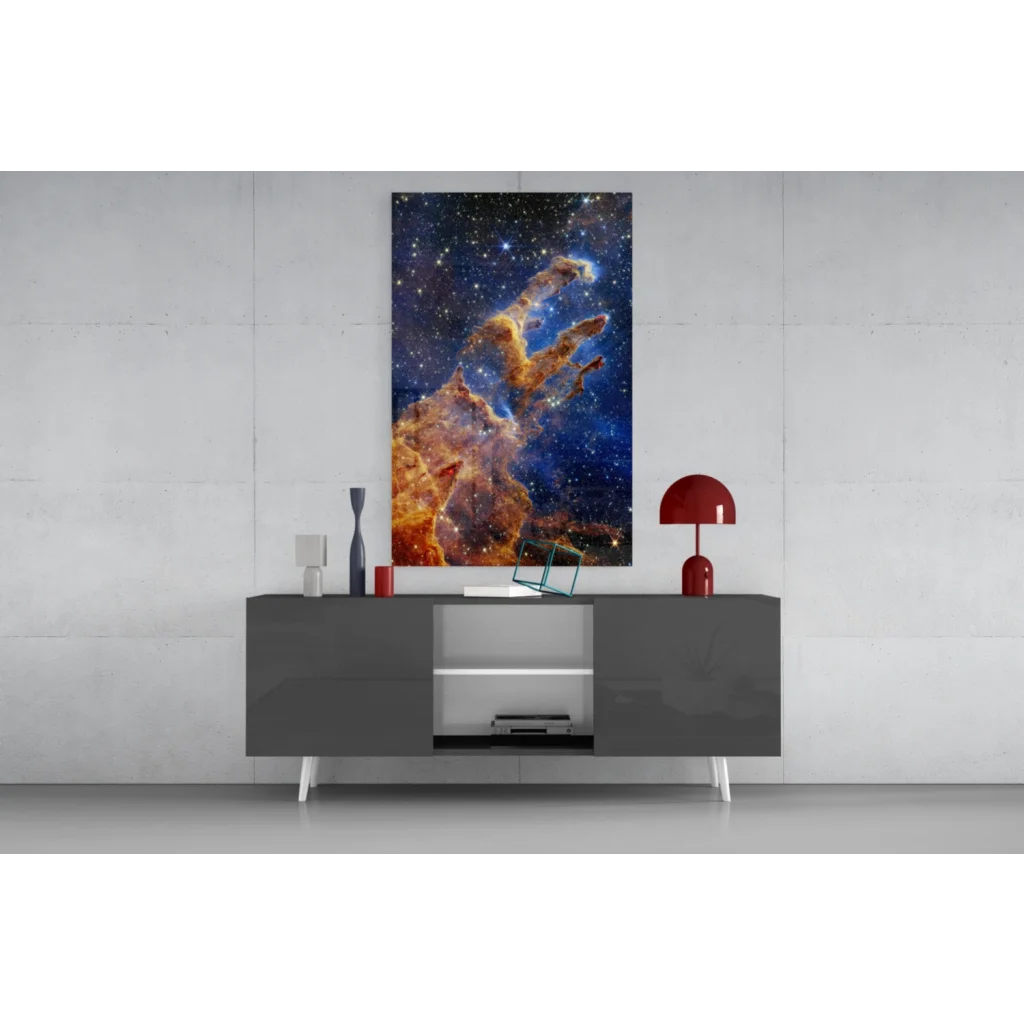 Vibrant cosmic nebula glass wall art with swirling orange and blue hues on canvas