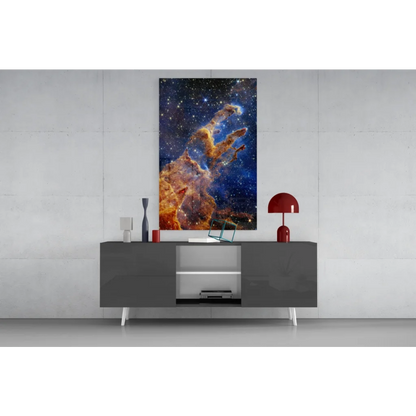 Vibrant cosmic nebula glass wall art with swirling orange and blue hues on canvas