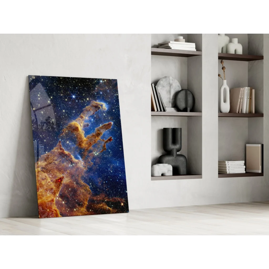 Vibrant cosmic nebula glass wall art with swirling orange and blue hues