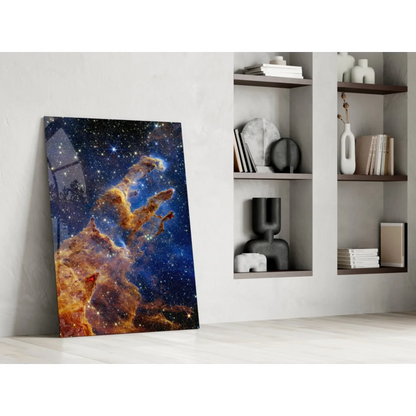 Vibrant cosmic nebula glass wall art with swirling orange and blue hues