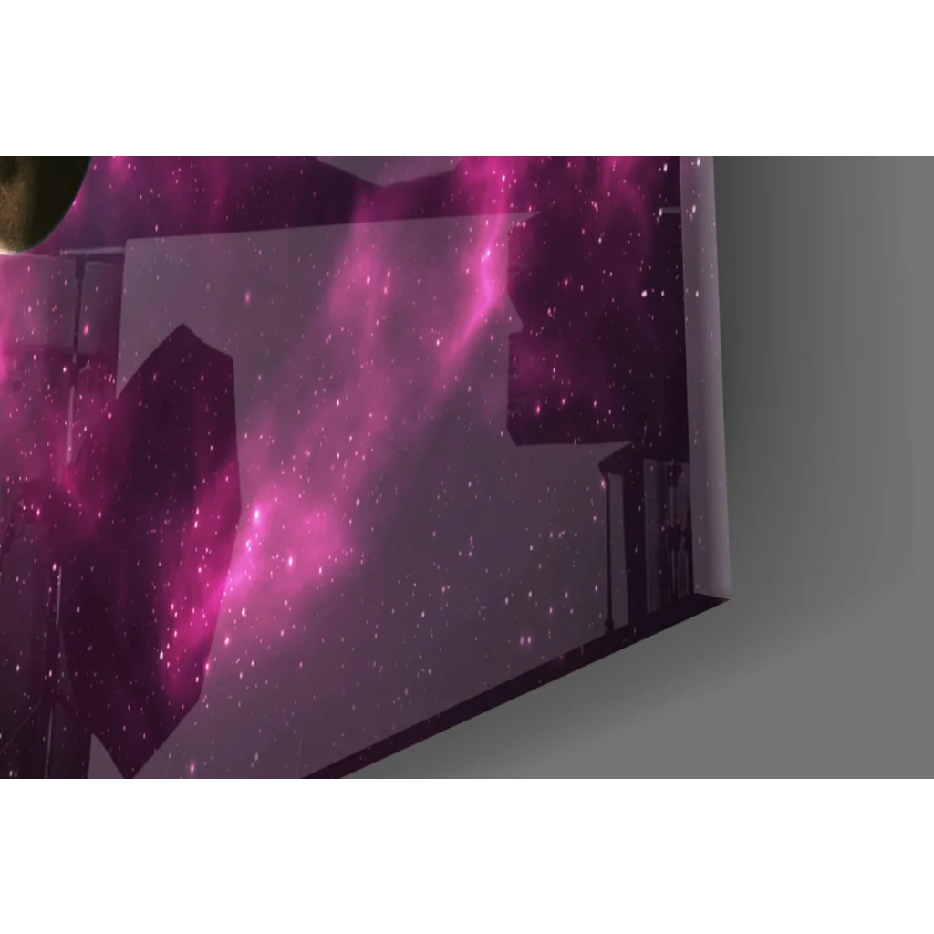 Vibrant cosmic glass wall art with magenta nebulae and stars on TV screen