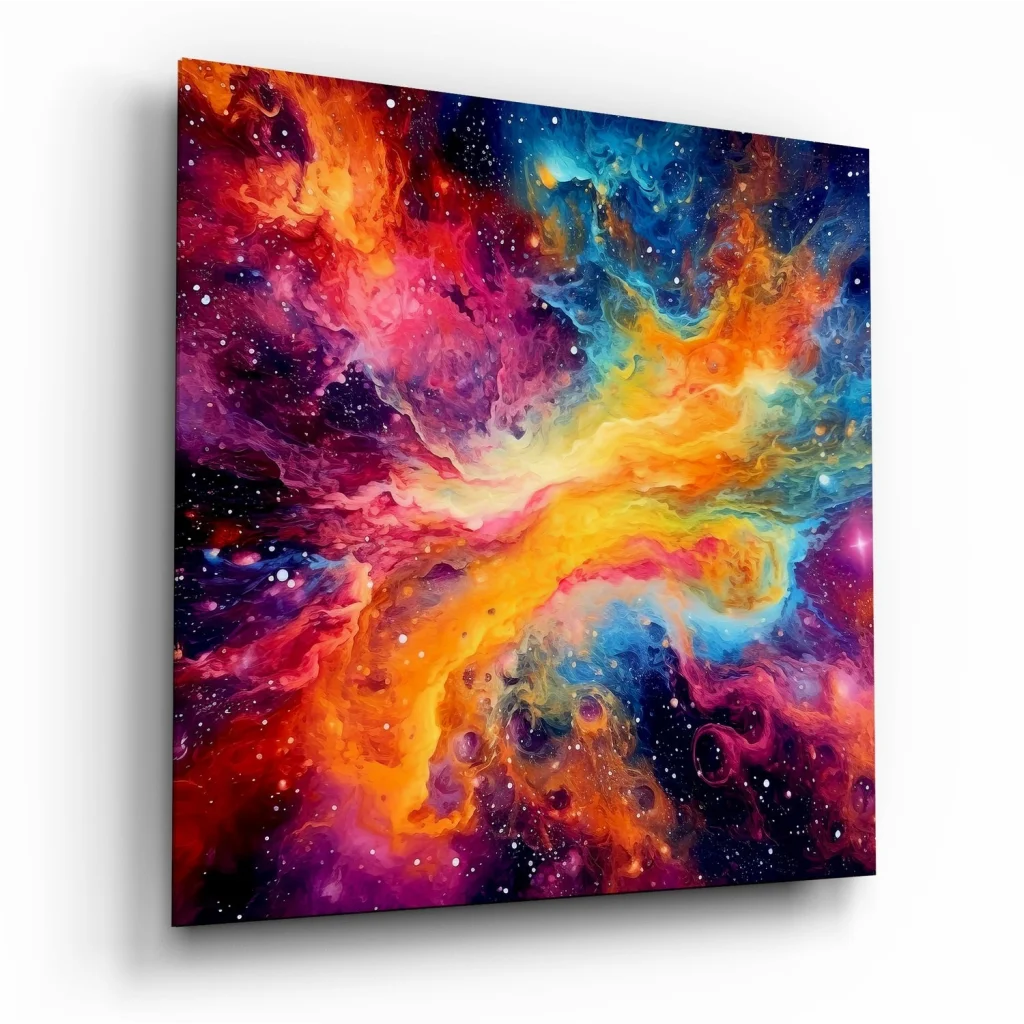 Vibrant cosmic nebula tempered glass art with swirling colors