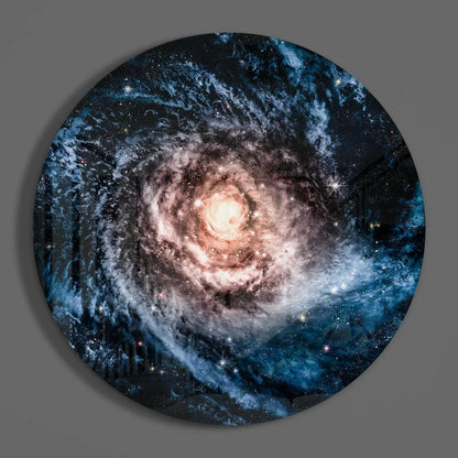 Vivid tempered glass art of spiral galaxy with glowing golden core