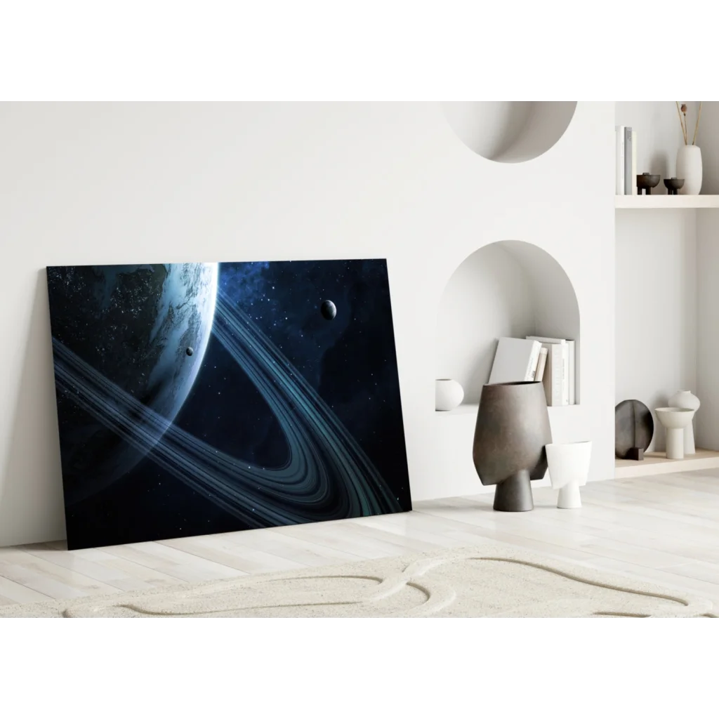 Sleek Saturn rings glass wall art canvas print in deep blue space scene