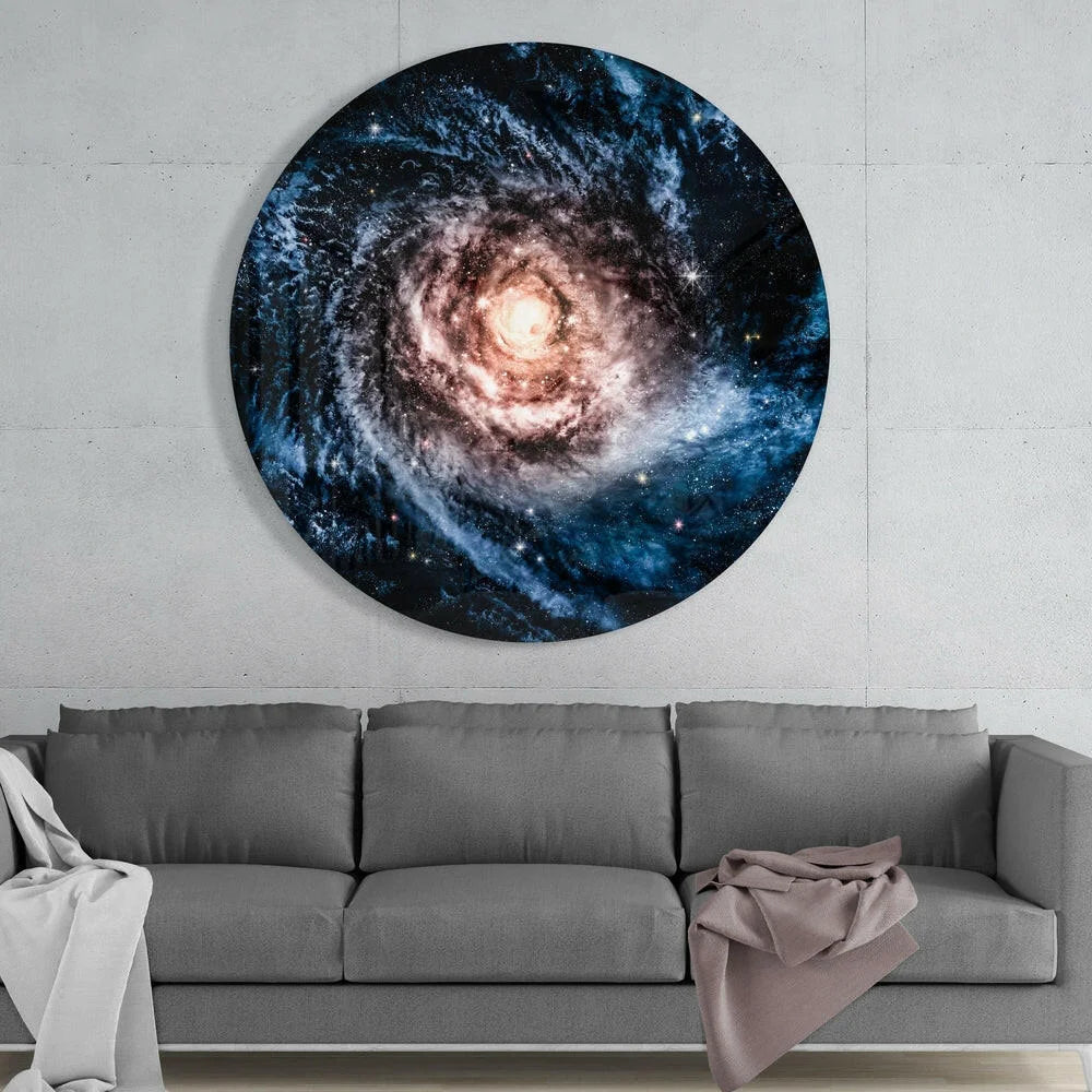 Vibrant spiral galaxy tempered glass art with glowing golden core