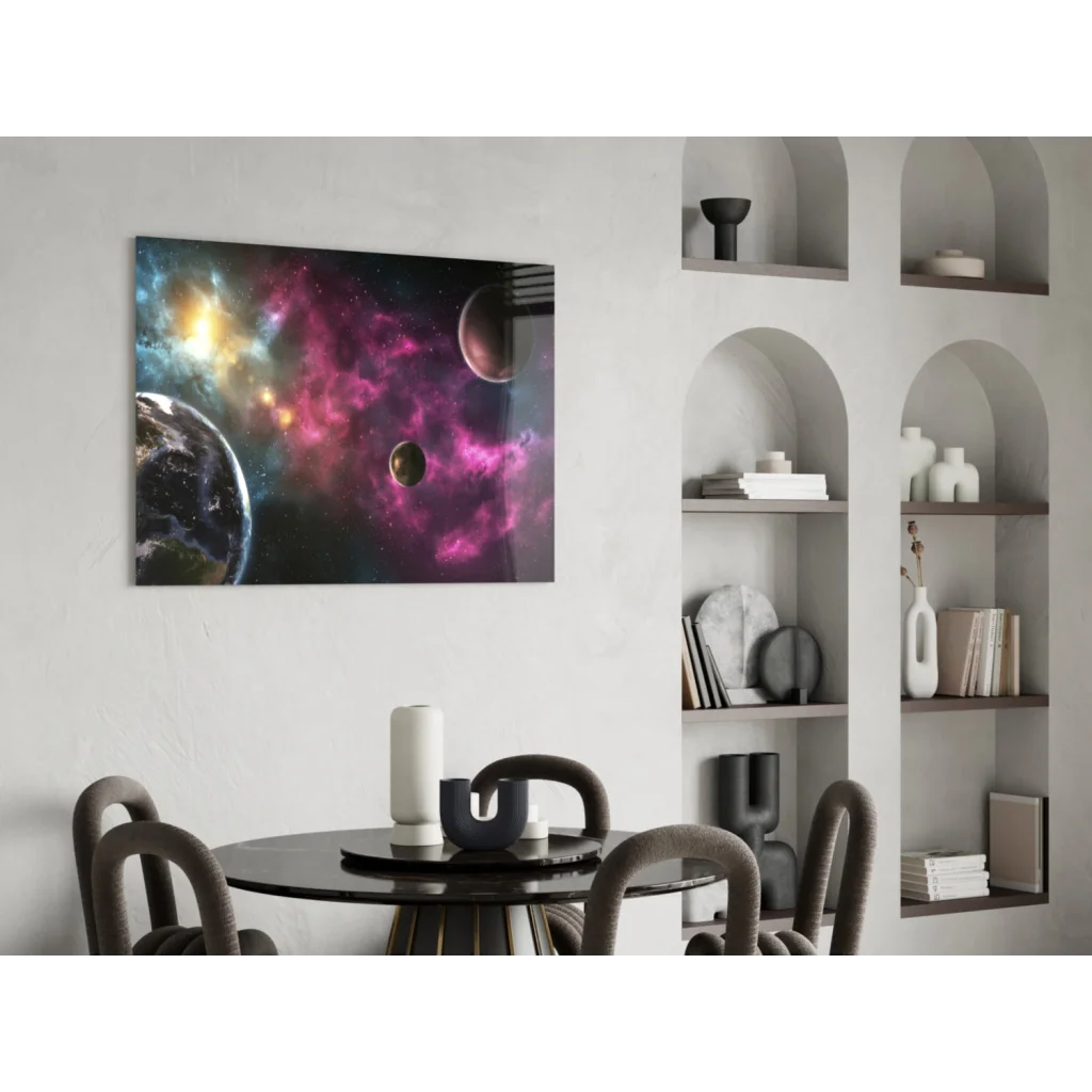 Vibrant glass wall art of swirling magenta-gold nebulae and planets in space