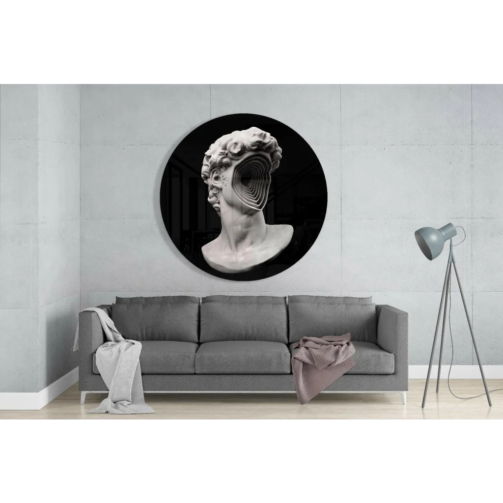 Surreal David bust tempered glass art with concentric void face