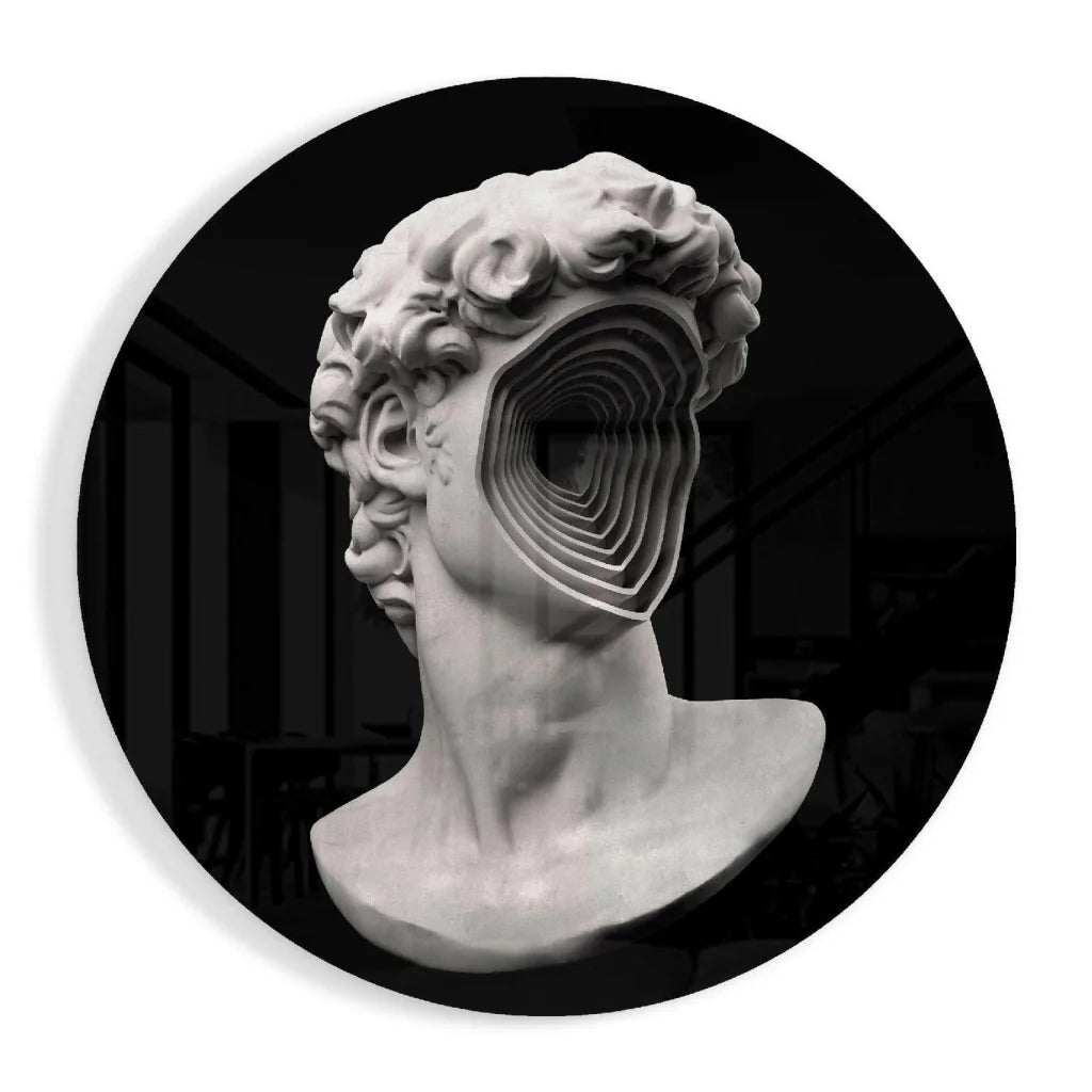 Surreal David bust in tempered glass art with concentric void face