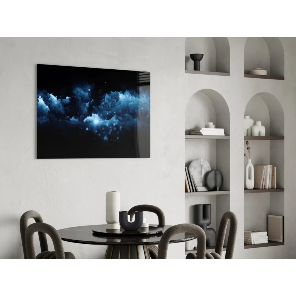 Sleek black-framed cosmic blue nebula wall art with glowing stars on white wall