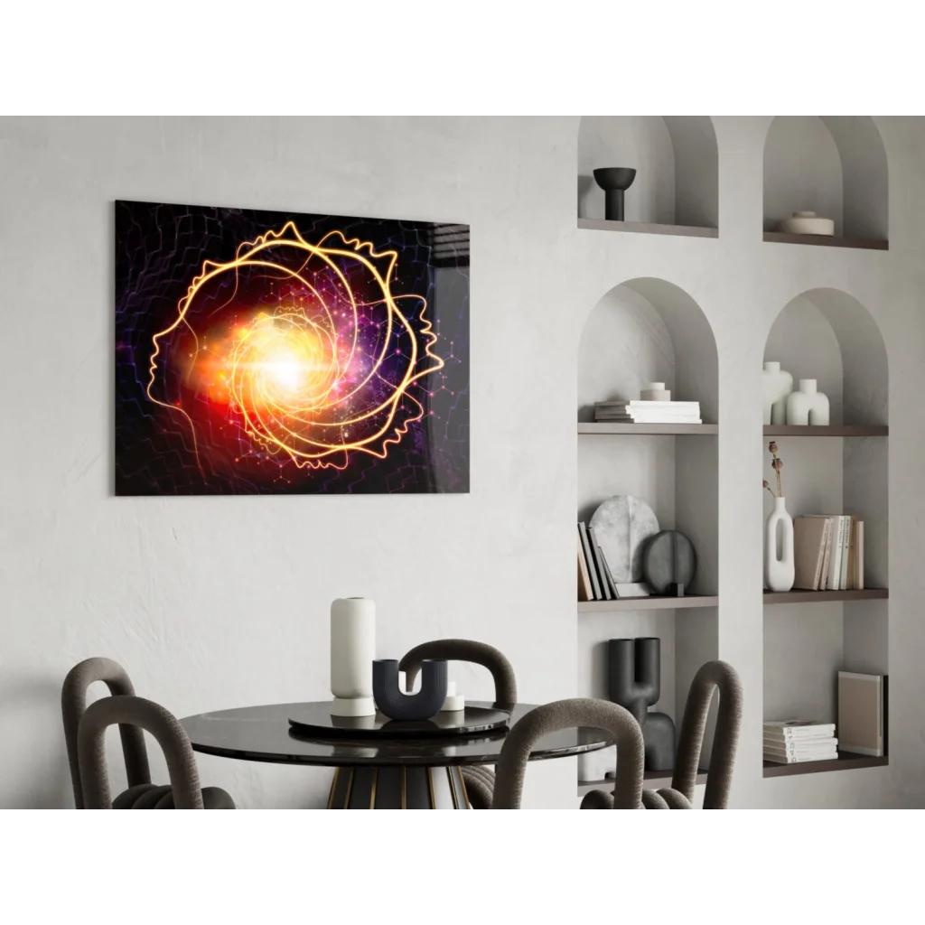 Vibrant cosmic spiral glass wall art with glowing golden human silhouette