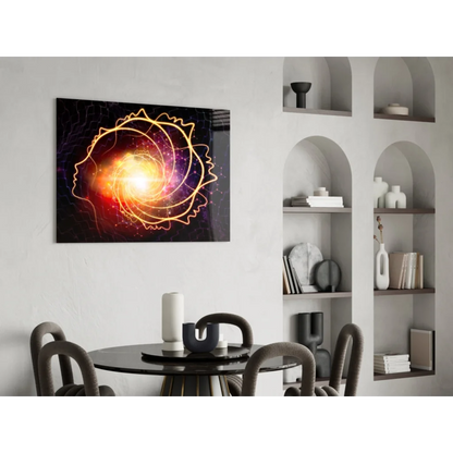 Vibrant cosmic spiral glass wall art with glowing golden human silhouette