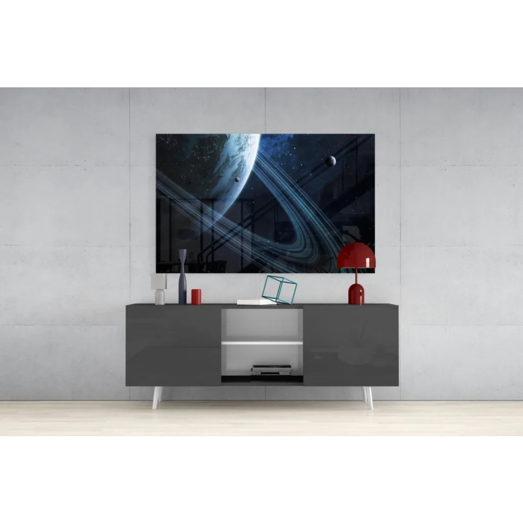 Saturn rings glass wall art with sleek gray console table