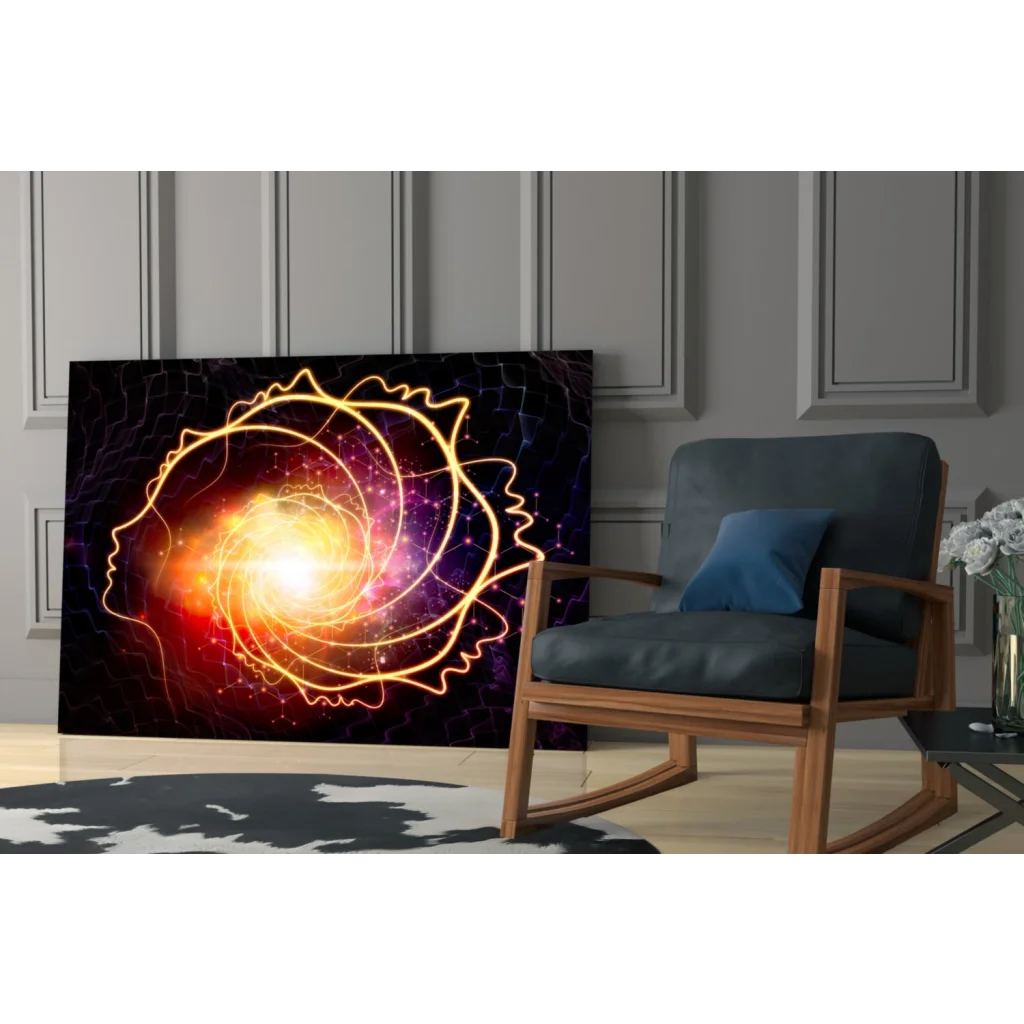 Vibrant cosmic spiral glass wall art with glowing galaxy in human silhouette