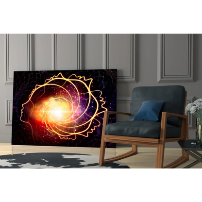 Vibrant cosmic spiral glass wall art with glowing galaxy in human silhouette