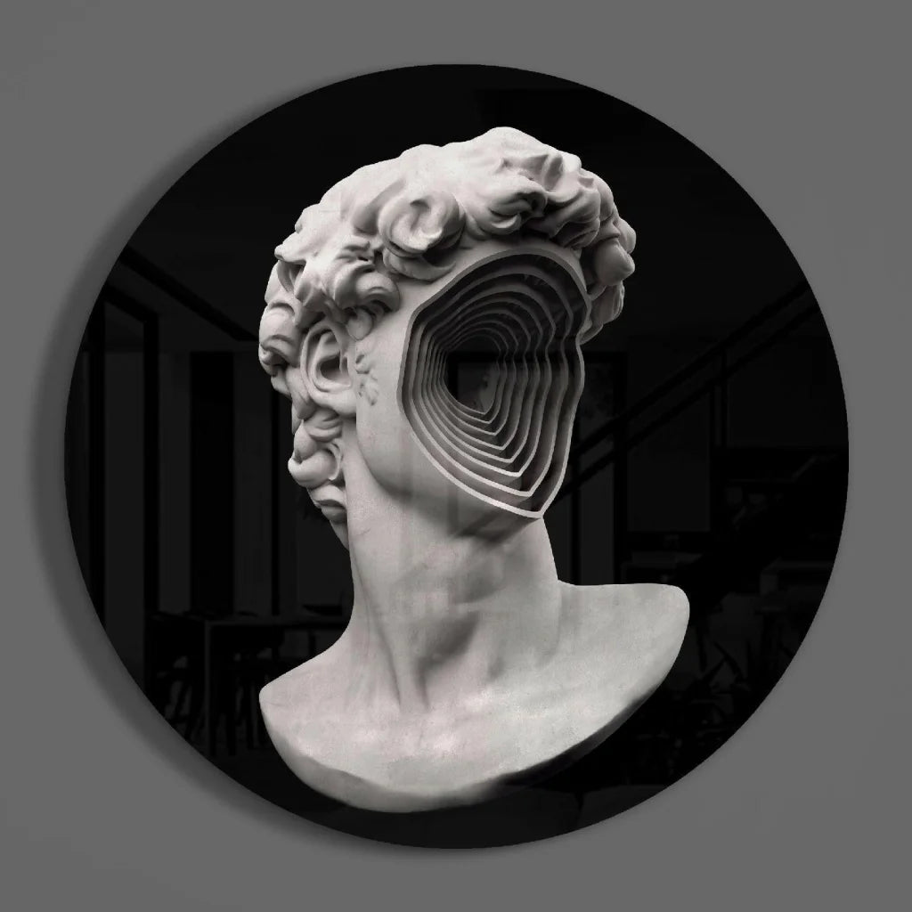 Surreal David bust in tempered glass art with concentric void face