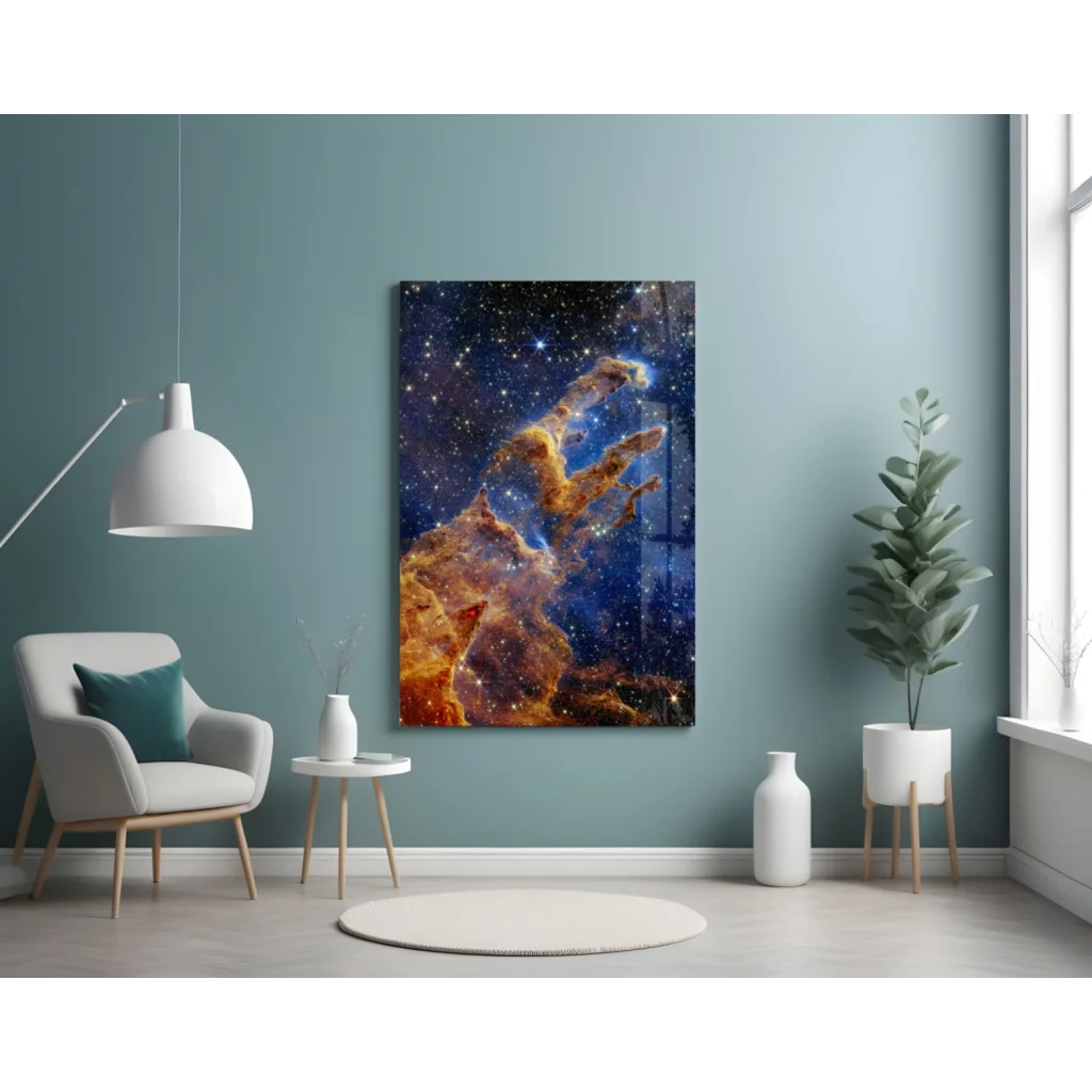 Cosmic Nebula glass wall art with swirling orange and blue hues on canvas