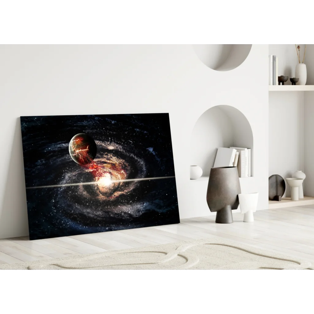 Vibrant cosmic galaxy wall art with swirling nebula and glowing planet
